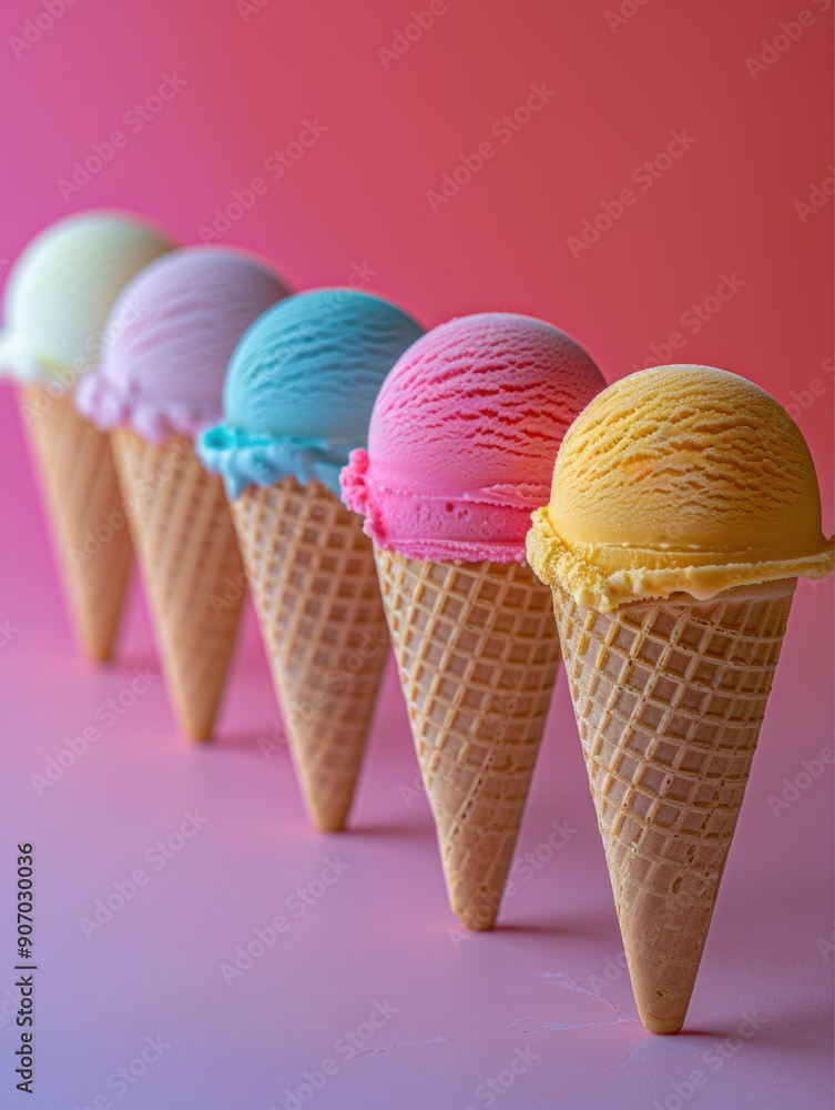 Poster a row of ice cream cones in different colors. ai.
