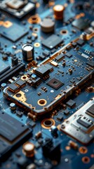 Fototapeta premium Innovative Smartphone Repair Service Illustration: A Disassembled Phone Transformed into Abstract Art Highlighting the CPU and Motherboard, Emblematic of Modern Technology's Inner 
