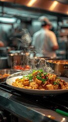 Obraz premium A plate of steaming food on a stovetop. AI.