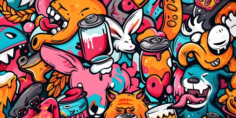 A vibrant, densely packed collage of cartoonish characters and objects in various colors, resembling graffiti art. The image is lively and chaotic, with a playful and energetic vibe.