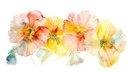 Naklejka premium Watercolor primroses in wet-on-wet style, soft blending of spring colors, white background