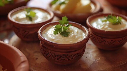 Yogurt or sour cream in clay pot