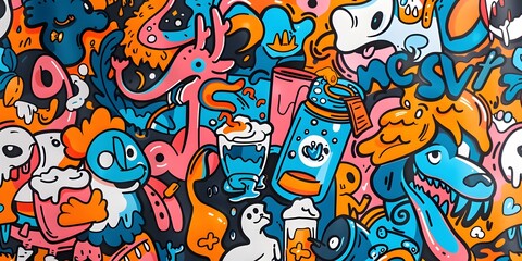Obraz premium A vibrant, densely packed collage of cartoonish characters and objects in various colors, resembling graffiti art. The image is lively and chaotic, with a playful and energetic vibe.