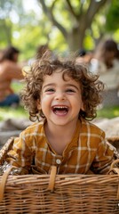 A little boy laughs with joy while sitting in a basket. AI.