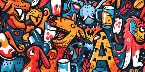 A vibrant, densely packed collage of cartoonish characters and objects in various colors, resembling graffiti art. The image is lively and chaotic, with a playful and energetic vibe.