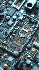Fototapeta premium Innovative Smartphone Repair Service Illustration: A Disassembled Phone Transformed into Abstract Art Highlighting the CPU and Motherboard, Emblematic of Modern Technology's Inner 
