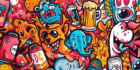 A vibrant, densely packed collage of cartoonish characters and objects in various colors, resembling graffiti art. The image is lively and chaotic, with a playful and energetic vibe.
