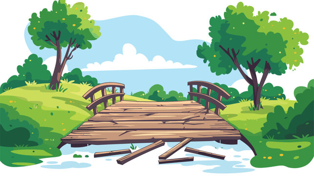 Wooden bridge damaged after storm peaceful park scene. Cartoon style drawing broken walkway over serene pond, lush greenery. Bright colors depict sunny day trees tranquil landscape