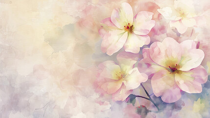 Watercolor primroses with blotting, soft and muted colors, gentle and delicate, pastel background