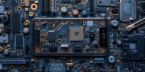 Fototapeta premium Innovative Smartphone Repair Service Illustration: A Disassembled Phone Transformed into Abstract Art Highlighting the CPU and Motherboard, Emblematic of Modern Technology's Inner 
