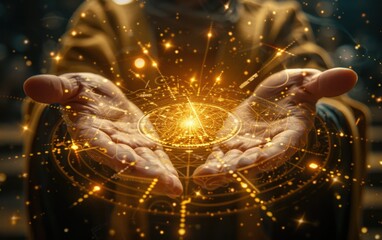 An adult Hispanic astrologer is focusing energy while using symbolic cosmic elements in a serene and mystical setting