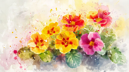 Watercolor primroses with splattering, dynamic and playful, bright colors splashing, light gray background