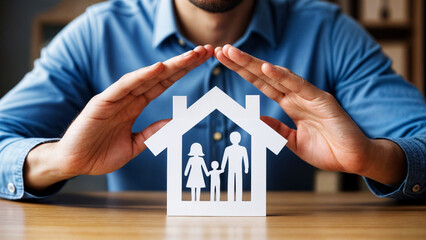 A hand pose gesture roof shape on a paper house with cutouts of a family inside. Concept of insurance and family support