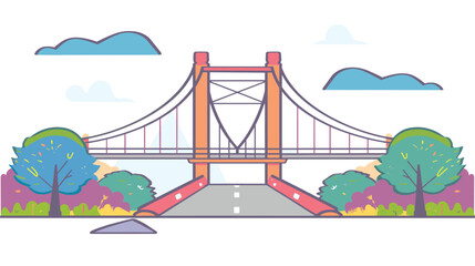 Suspension bridge illustration vibrant colors, cartoon style, landscape view. Steel bridge structure, colorful trees, bushes, pastel sky backdrop. Vector drawing park scene, tranquil environment