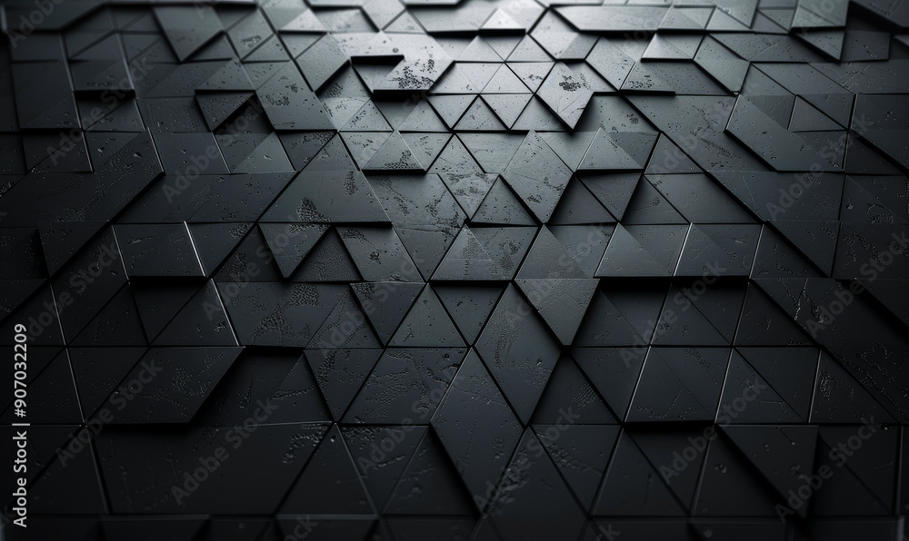 Poster futuristic 3d triangular tile wall with polished black geometric blocks for modern design and archit