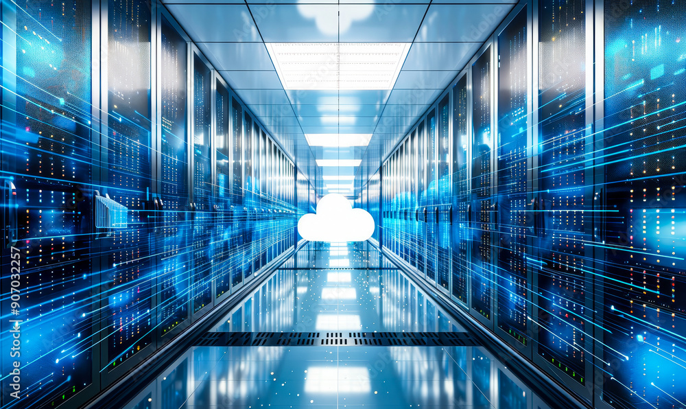 Poster modern data center corridor with rack servers and cloud storage visualization, reflecting advanced t