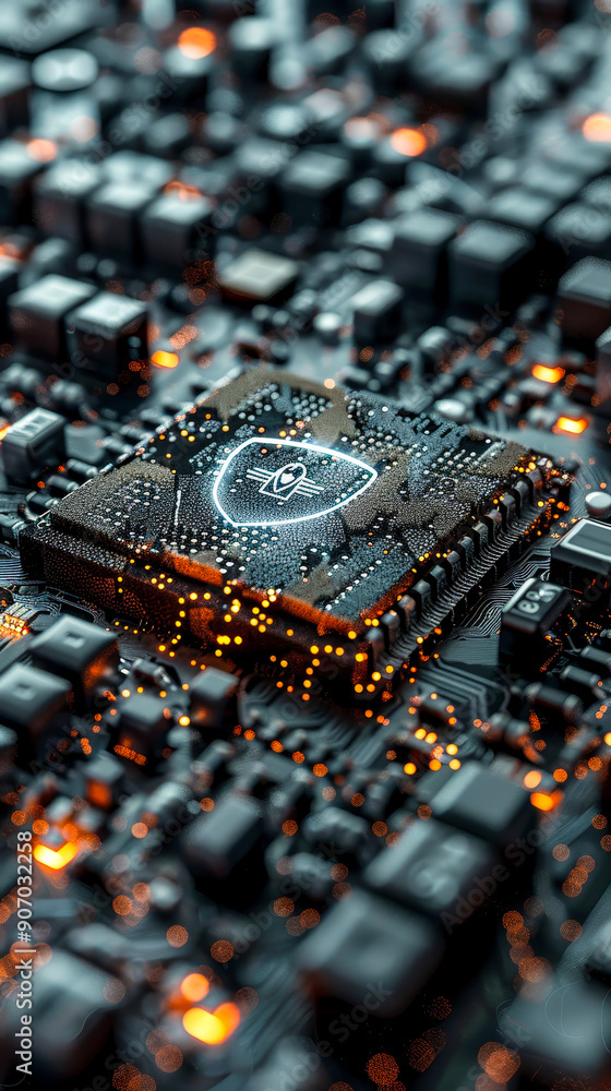 Poster futuristic security technology with shield symbol on microchip, data flow from cpu across advanced m