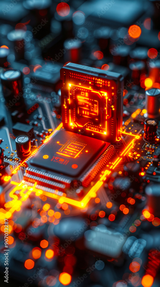 Poster futuristic energy technology concept: glowing battery symbol on microchip with data flowing across a