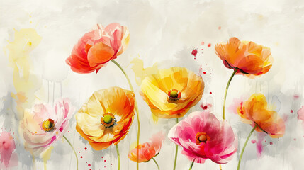 Watercolor ranunculus with splattering, dynamic and energetic splashes, bright spring colors, light gray background