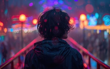An adult Hispanic person stands in the rain, exploring the colorful lights and attractions of a bustling theme park during the evening