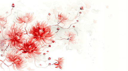 Watercolor Red chrysanthemums with feathering, soft and flowing, elegant and delicate, light and airy, clean white background