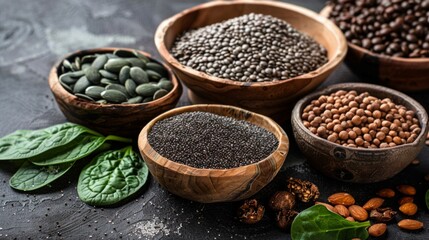 Assortment of oriental spices in a wooden dish. Ingredients containing iron and dietary fiber, natural sources of ferrum, healthy lifestyle, food and nutrition.