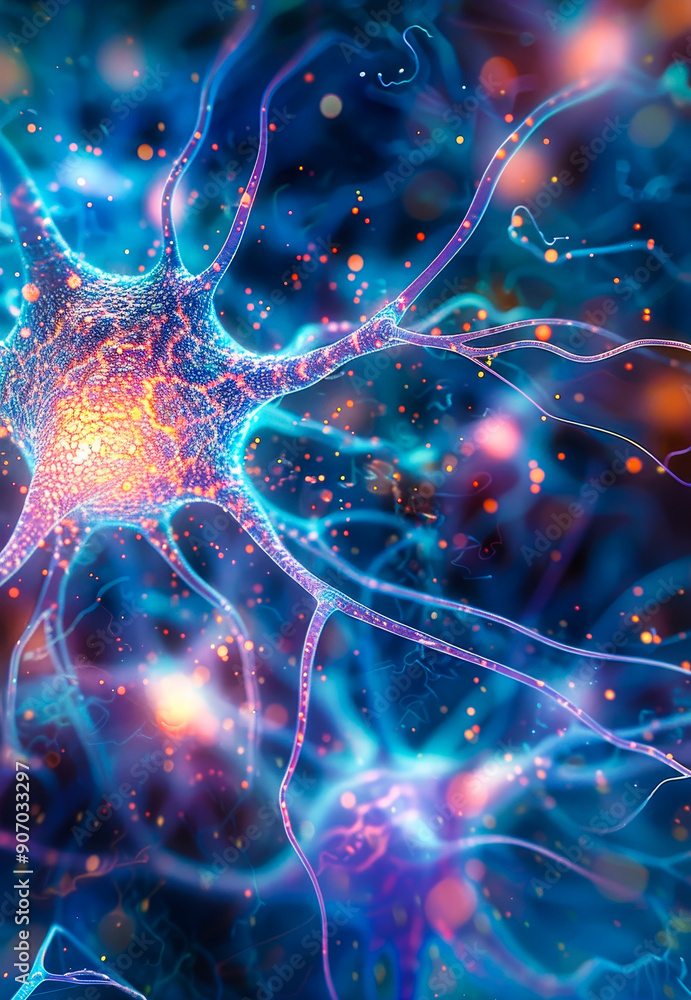 Poster vibrant neural network close-up: intertwined dendrites and synaptic connections, visual neuroscience