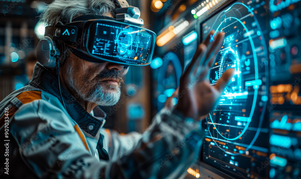 Poster computer science engineer using virtual reality headset for 3d hologram visualization in modern engi
