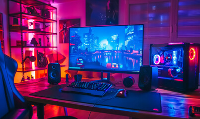 Immersive Gaming Setup with First-Person Shooter on Screen in Modern Room with Pink Neon Lighting and High-End PC