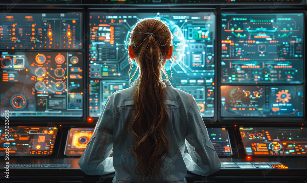Poster female system engineer managing high-tech operations at control center with multiple interactive mon