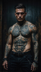 Inked Tough Guy Intensity: Tattooed Man's Moody Portrait Showcases Urban Subculture Style