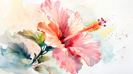 Watercolor tropical hibiscus in loose and freeform style, pastel blending, white background