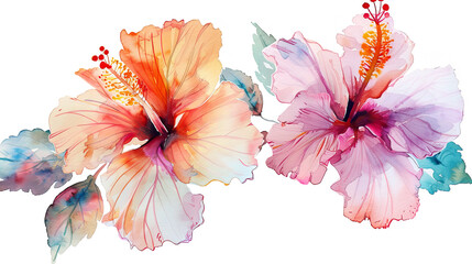 Watercolor tropical hibiscus in loose and freeform style, pastel shades, white background