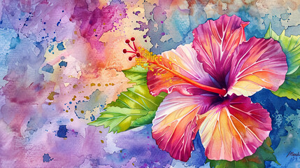 Watercolor tropical hibiscus using layering (glazing), rich colors, textured paper background