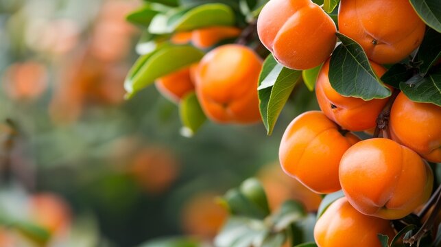 Garden with trees and persimmon bushes.  Ripe fruits.  Harvest season.  Farm product