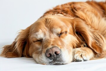 Golden Retriever Resting on White Background with Eyes Closed