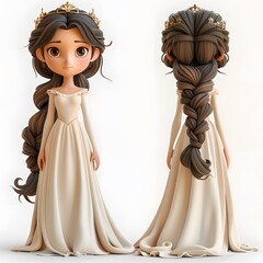 A little 3D princess in an elegant white dress with long dark hair on a white background. The illustration embodies children's magical elements