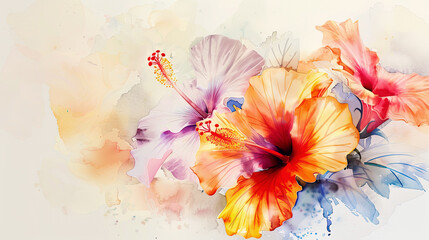 Watercolor tropical hibiscus with negative space, vibrant flowers against a soft background, light beige Background