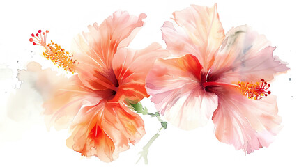 Watercolor tropical hibiscus with soft blending, gentle and subtle, light and airy, white background