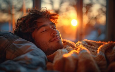 Obraz premium An adult Hispanic person peacefully sleeps in a warm blanket while sunlight streams in through the window at sunset