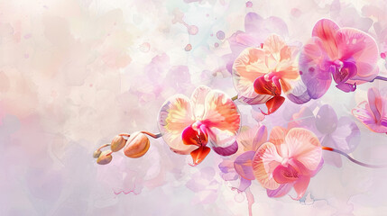 Watercolor tropical orchids with gradient washes, seamless transitions, soft background