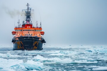Obraz premium huge icebreaker ship moves along sea surface with screech