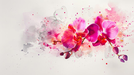 Watercolor tropical orchids with splattering, dynamic composition, light gray background