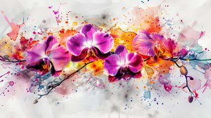 Watercolor tropical orchids with splattering, dynamic composition, light gray background