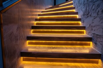 Illuminated staircase with wooden steps and illuminated at night in the interior of a large house
