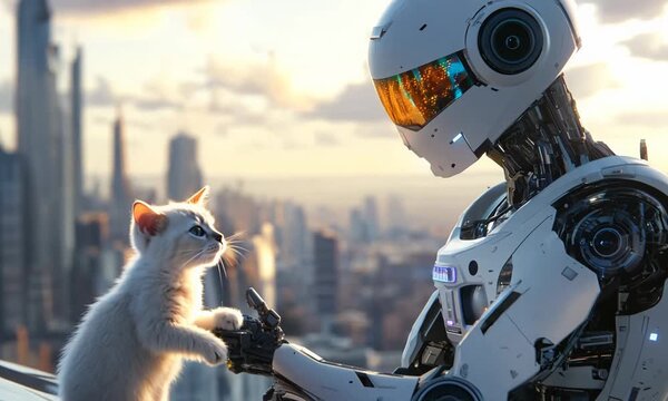 The kitten charmed the robot. The android robot meets a cute kitten. The world of the future. 