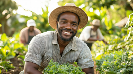 Smiling African American Farmer Harvesting Kale in Sunlit Field