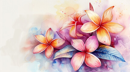 Obraz premium Watercolor tropical plumeria with ink and wash combination, detailed colors, light background