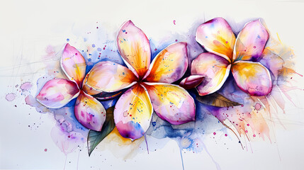 Watercolor tropical plumeria with ink and wash combination, intricate details, light background