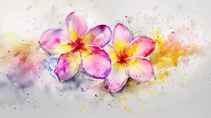 Watercolor tropical plumeria with splattering, lively composition, light gray background